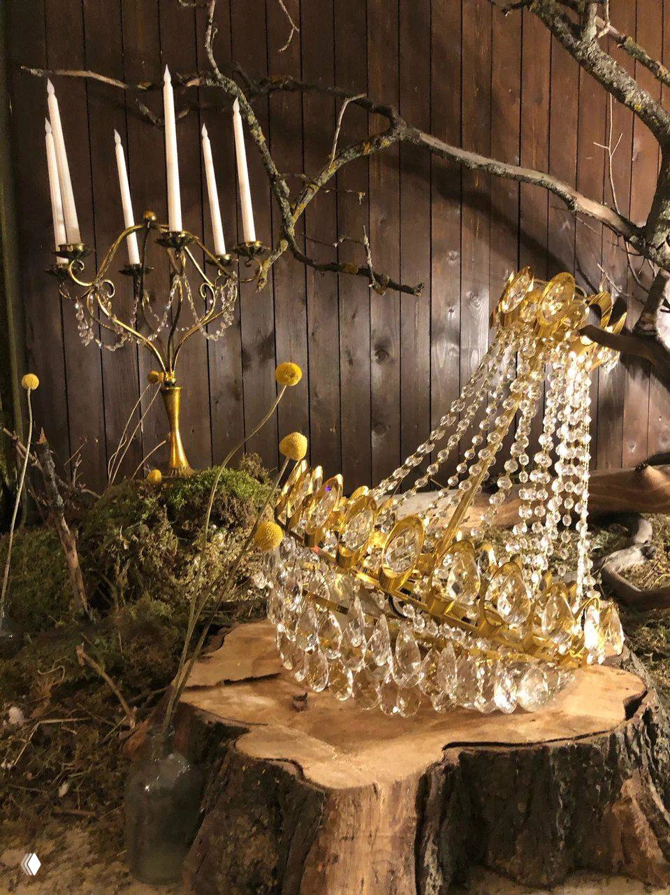 Хрустальная люстра, лежащая на пне в декоре из мха и веток — арт-деталь оформления пространства Виллы дель Венто.