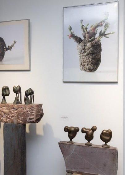 Фрагмент экспозиции с малыми бронзовыми и каменными фигурками на подставках и крупными фото-работами на стене.