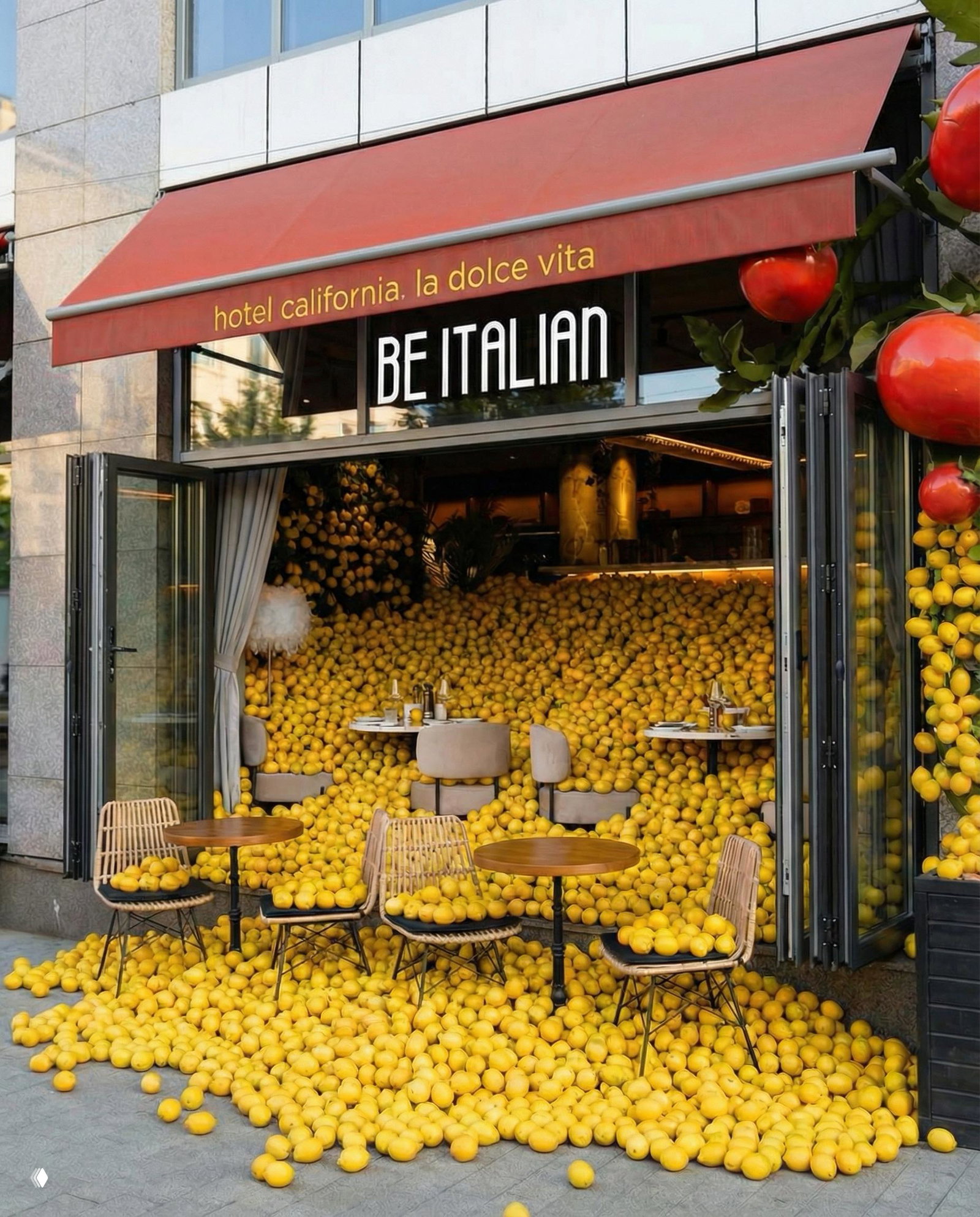 Фасад ресторана Be Italian с открытой верандой, где зал и столики усыпаны жёлтыми лимонами; видна вывеска и красный навес.
