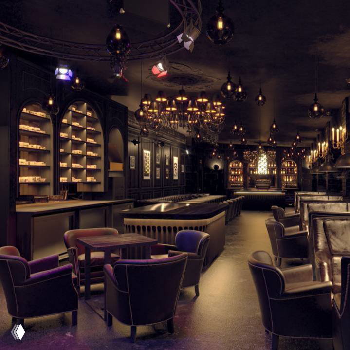 Интерьер Tangiers Lounge: тёплые кресла, столики и барная стойка под мягким светом люстр, пространство для уютных свиданий и вечеров.