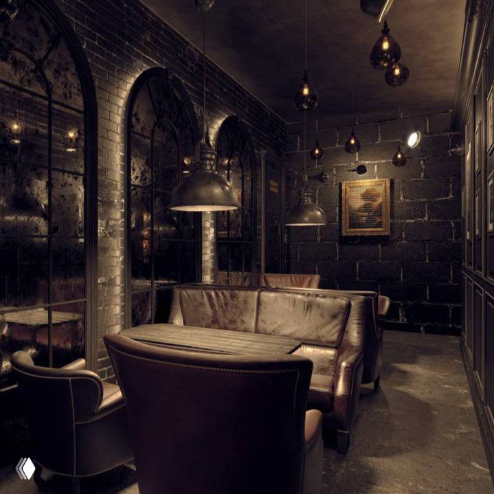 Уютная переговорная зона с кожаными диванами и зеркалами в тёмном интерьере Tangiers, подходящая для тихих свиданий и небольших компаний.