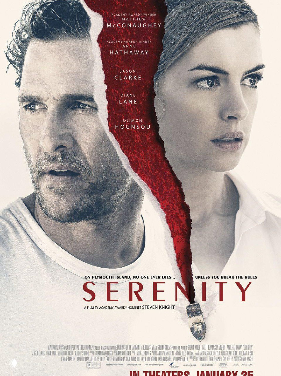 Дуэтный постер: крупные лица мужчины и женщины, разрыв красной полосой; минималистичный плакат фильма в приглушённых тонах.