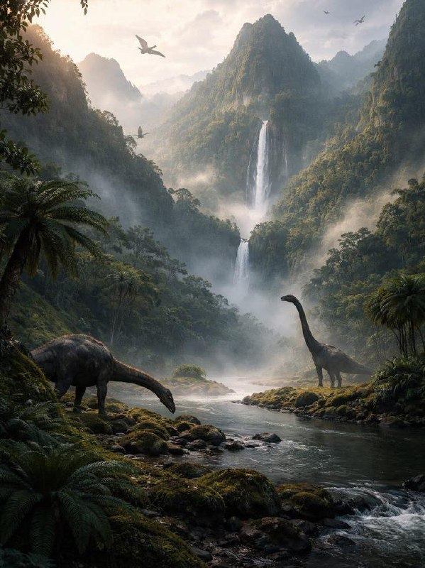 Иллюстрация доисторического пейзажа: долина с водопадом и двумя зауроподами у реки, туманная атмосфера юрского периода, зелёные джунгли.