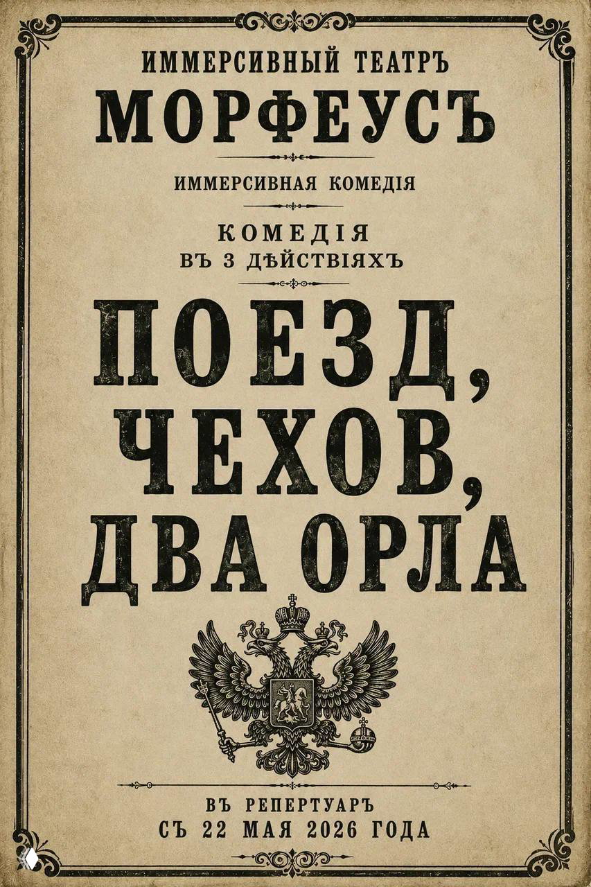 Плакат в винтажном стиле с заголовком «Поезд, Чехов, два орла», герб и оформление в духе дореволюционной афиши — рекламный постер постановки Морфеус.