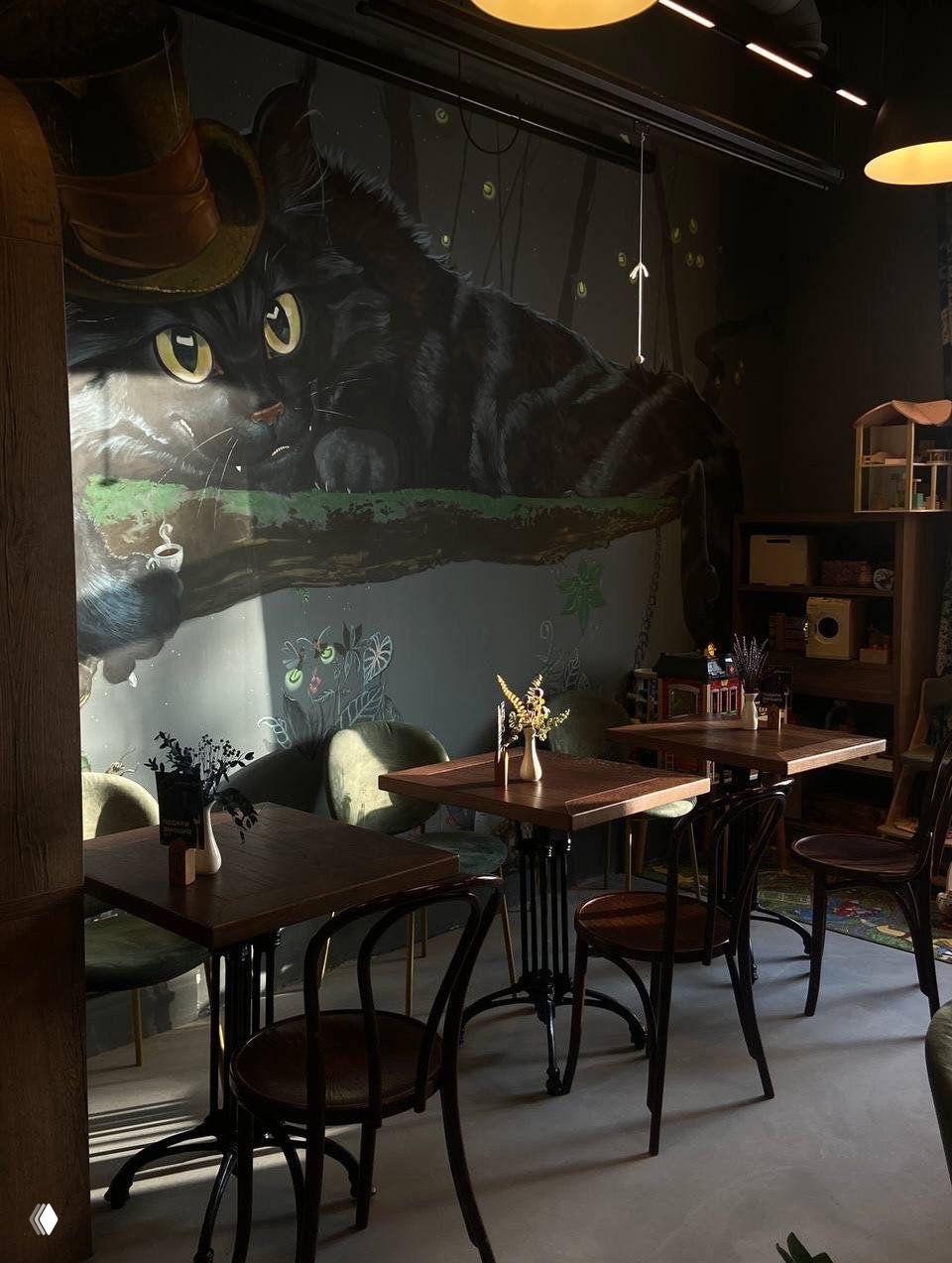 Интерьер кофейни с большой настенной росписью чёрного кота в цилиндре, пустые столики и мягкие кресла — творческая и камерная атмосфера пространства.