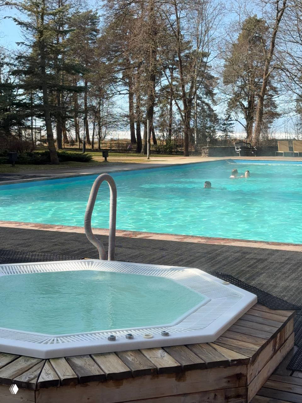 Тёплый открытый бассейн на свежем воздухе с купающимися, на переднем плане джакузи и деревья залива — одна из главных зон релакса в «Скандинавии».