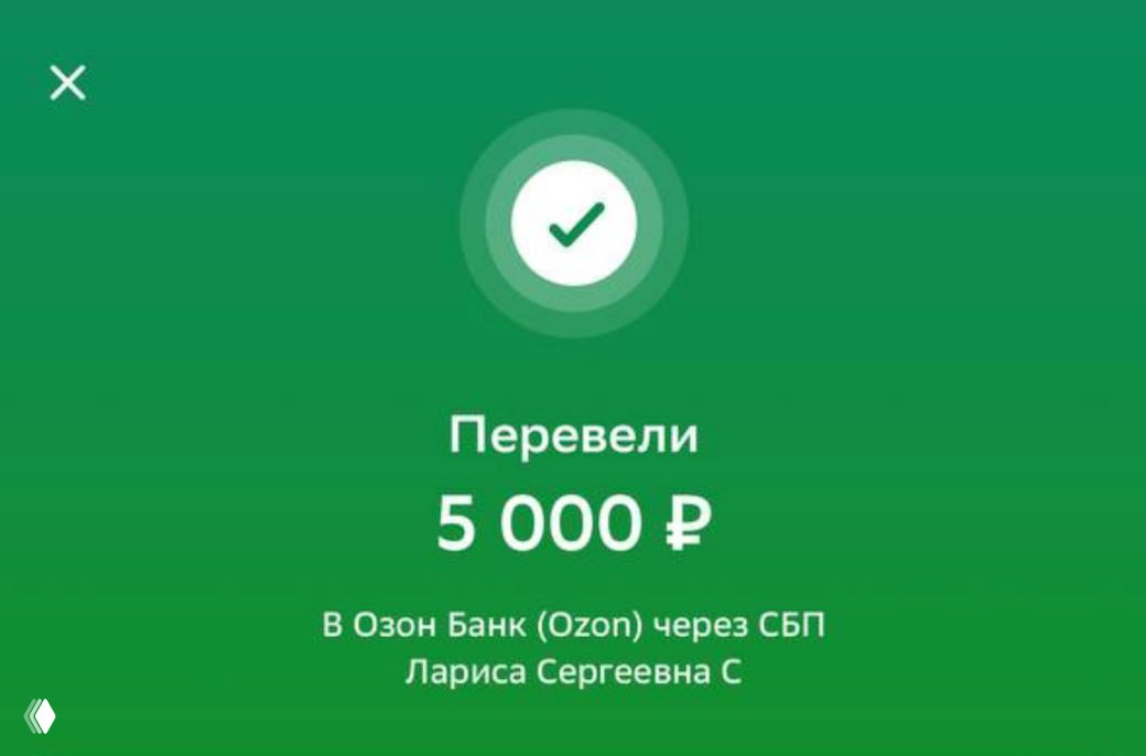 Подтверждение перевода 5 000 ₽ в банк Ozon (Ozon) через СБП с частичным отображением имени получателя — ещё один пример выплат партнёрам.