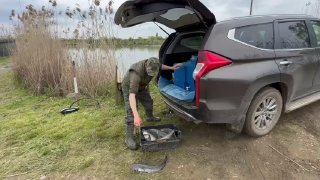 Автомобиль с открытым багажником и ёмкостями для зарыбления на фоне озера и прибрежной растительности; процесс подготовки к выпуску рыбы.