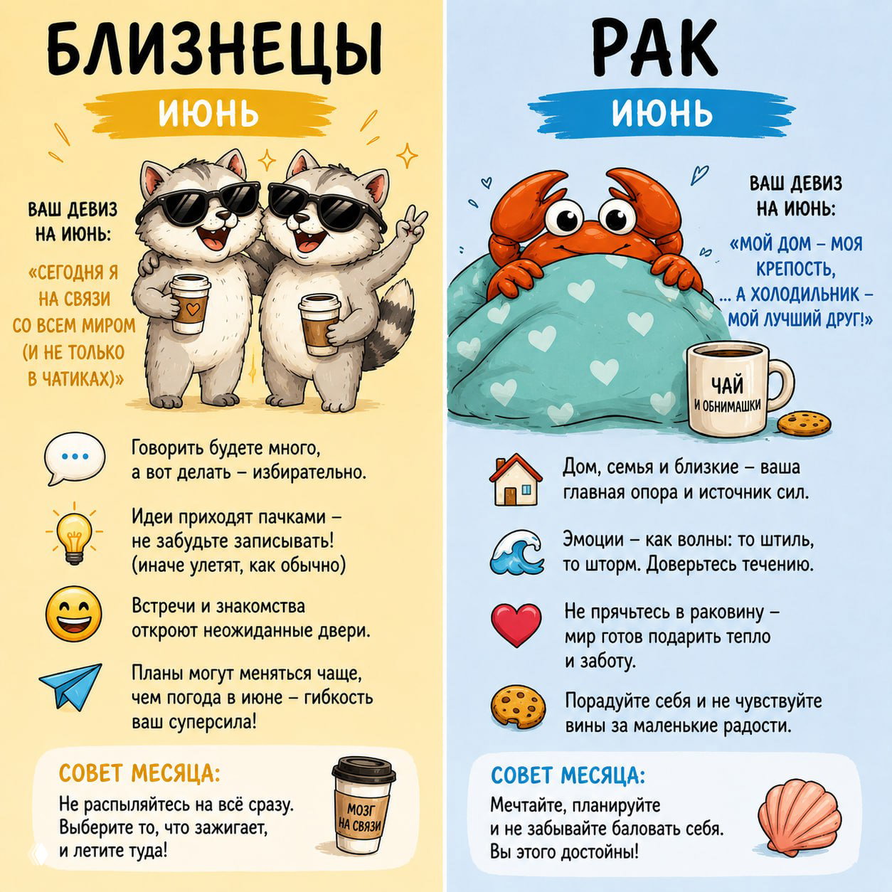 Коллаж с карточками для Близнецов и Рака: милые зверьки в очках, пункты про общение, эмоции и советы месяца в ярком иллюстративном стиле.