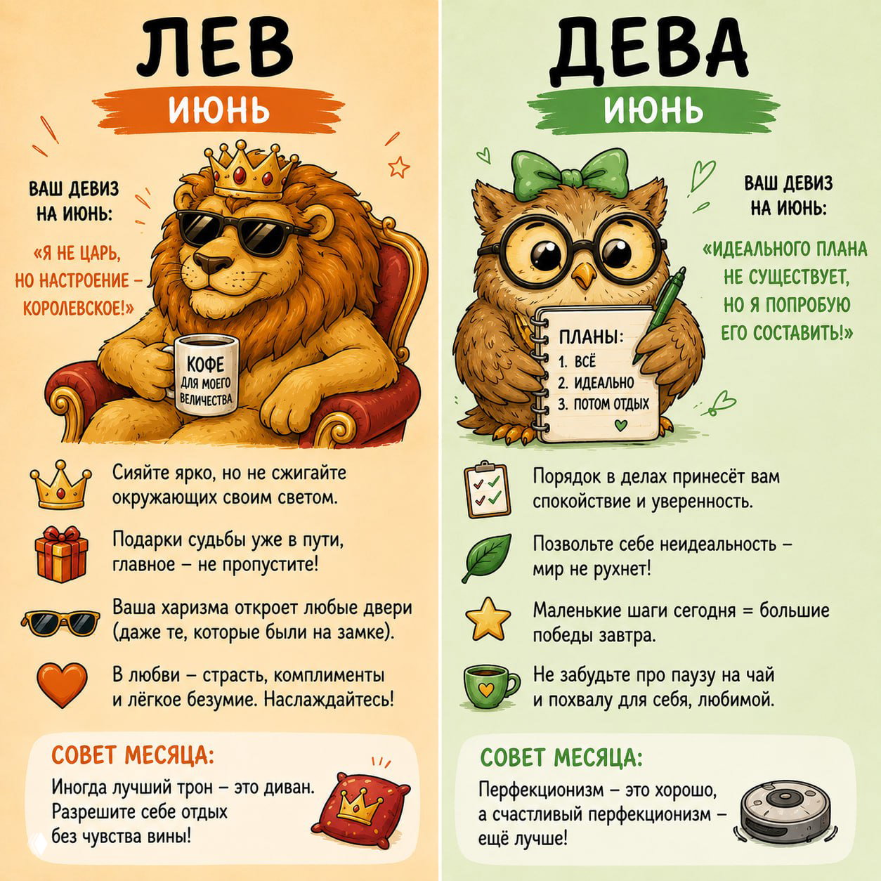 Коллаж с Левом и Девой: коронованный лев и сова с блокнотом, пункты о харизме, планах и маленьких радостях в тёплой цветовой гамме.