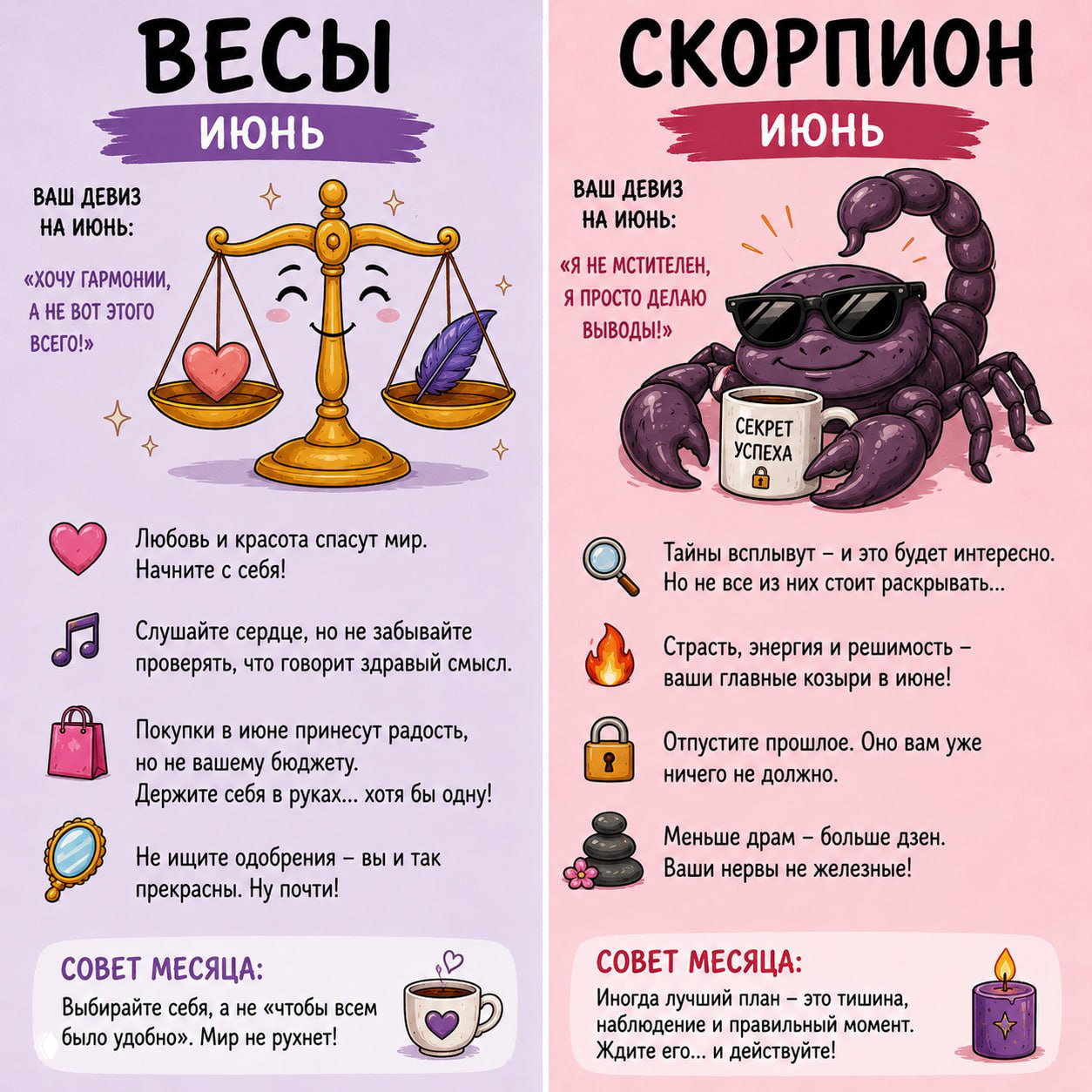 Коллаж для Весов и Скорпиона: весы с сердцем и скорпион с кружкой, советы про баланс, тайны и эмоциональную стабильность в июне.