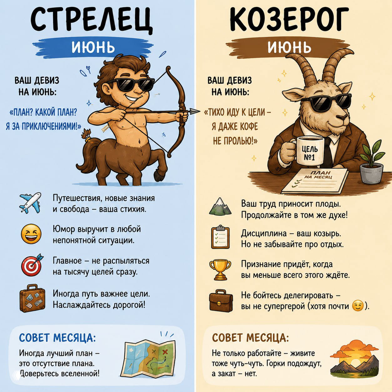 Коллаж со Стрельцом и Козерогом: кентавр со луком и козёл в костюме с чашкой, тексты о путешествиях, дисциплине и совете месяца в иллюстративном формате.