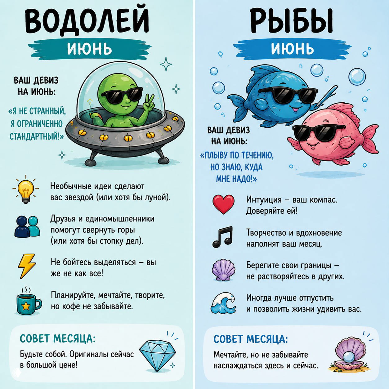 Коллаж с Водолеем и Рыбами: зелёный пришелец в НЛО и две рыбки в очках, пункты про идеи, интуицию и творческое вдохновение в июне.