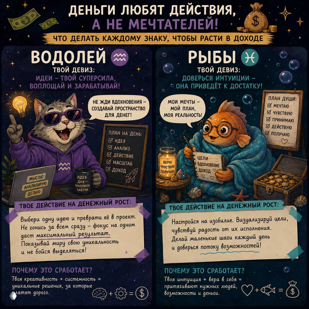 Последняя пара карточек: Водолей и Рыбы — творческие и интуитивные образы с рекомендациями по выбору идеи и доверию потоку возможностей.