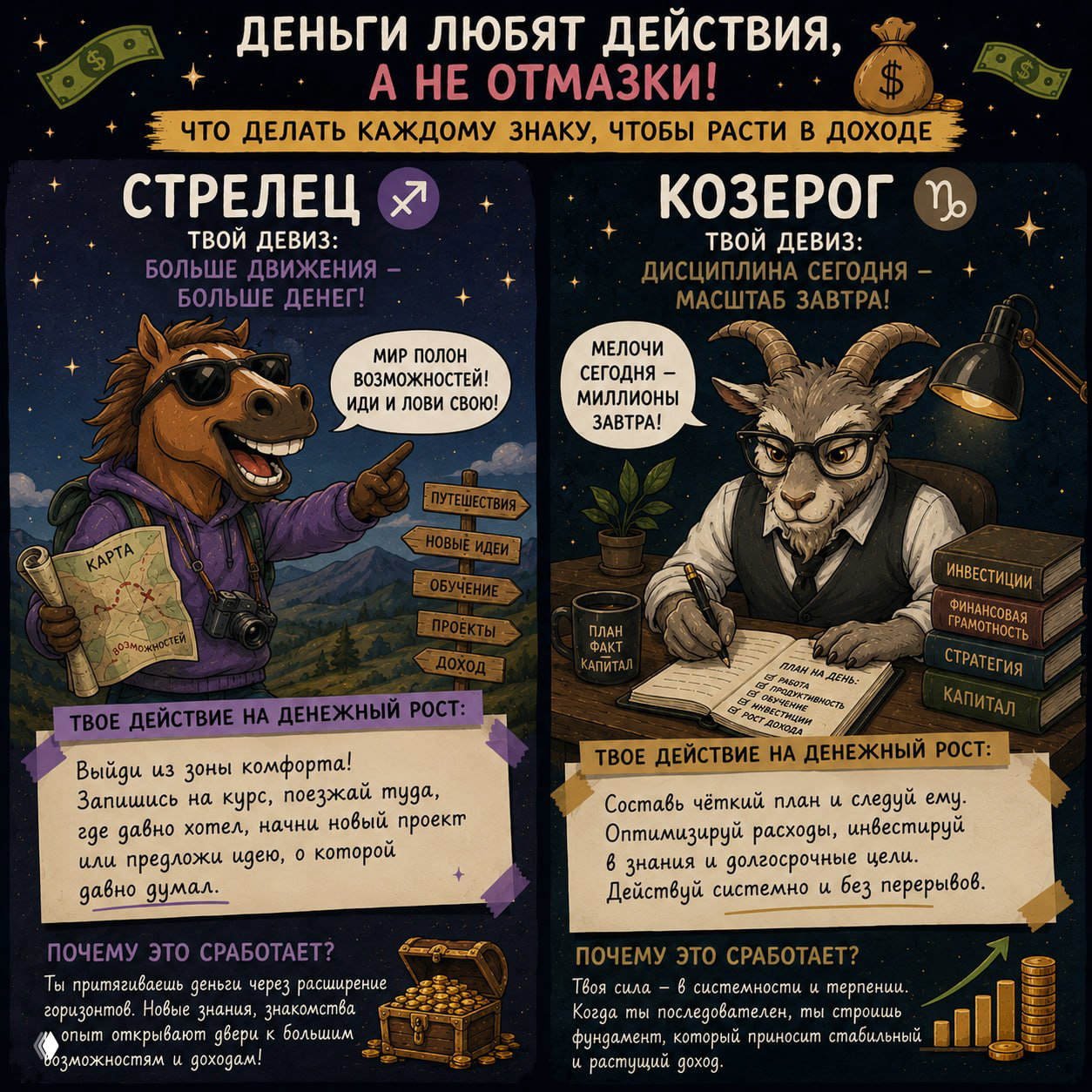 Карточки для Стрельца и Козерога: иллюстрации путешественника и дисциплинированной козы с планами действий и финансовыми целями.