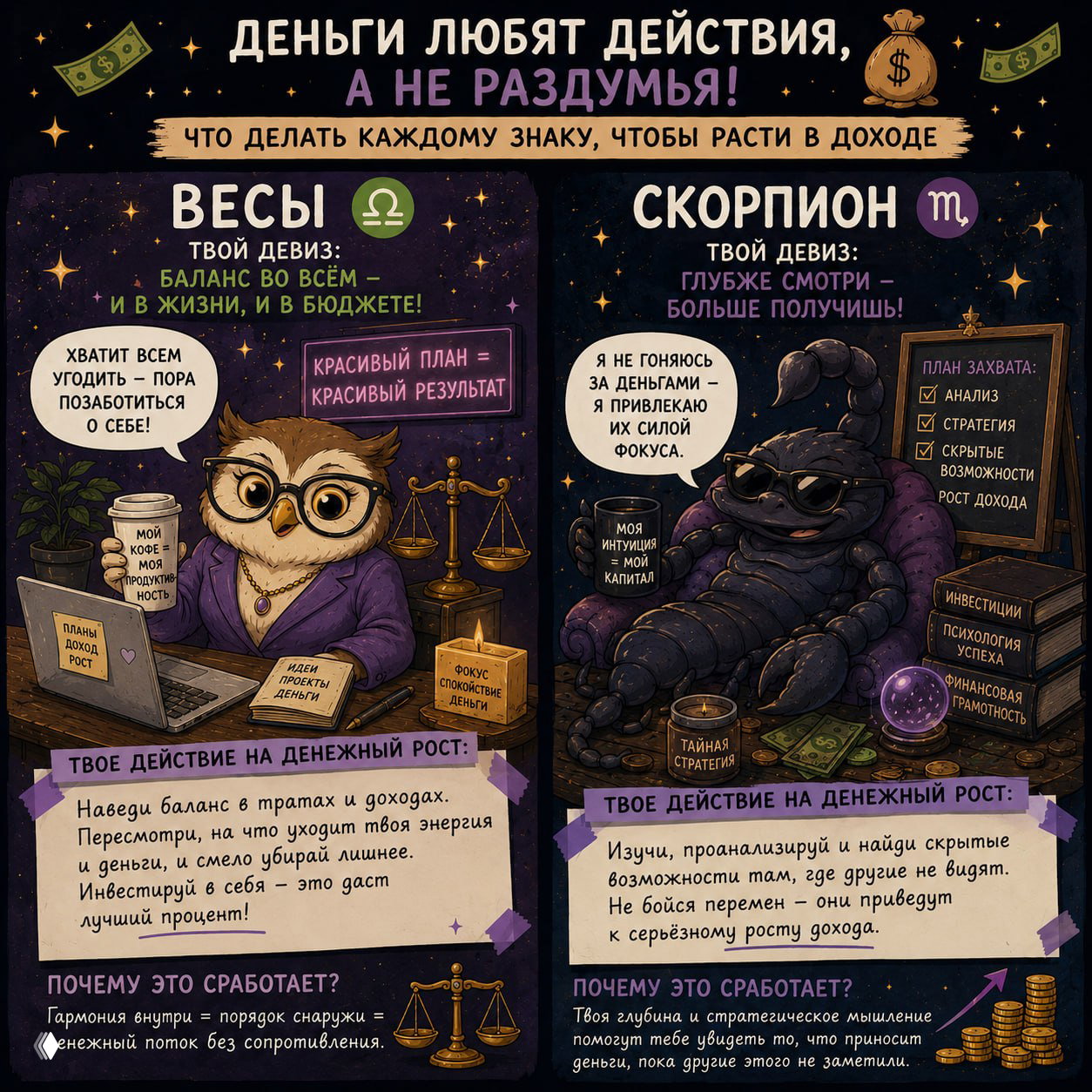 Инфографика для Весов и Скорпиона: спокойные и аналитические образы с советами о балансе, стратегическом мышлении и поиске скрытых возможностей.