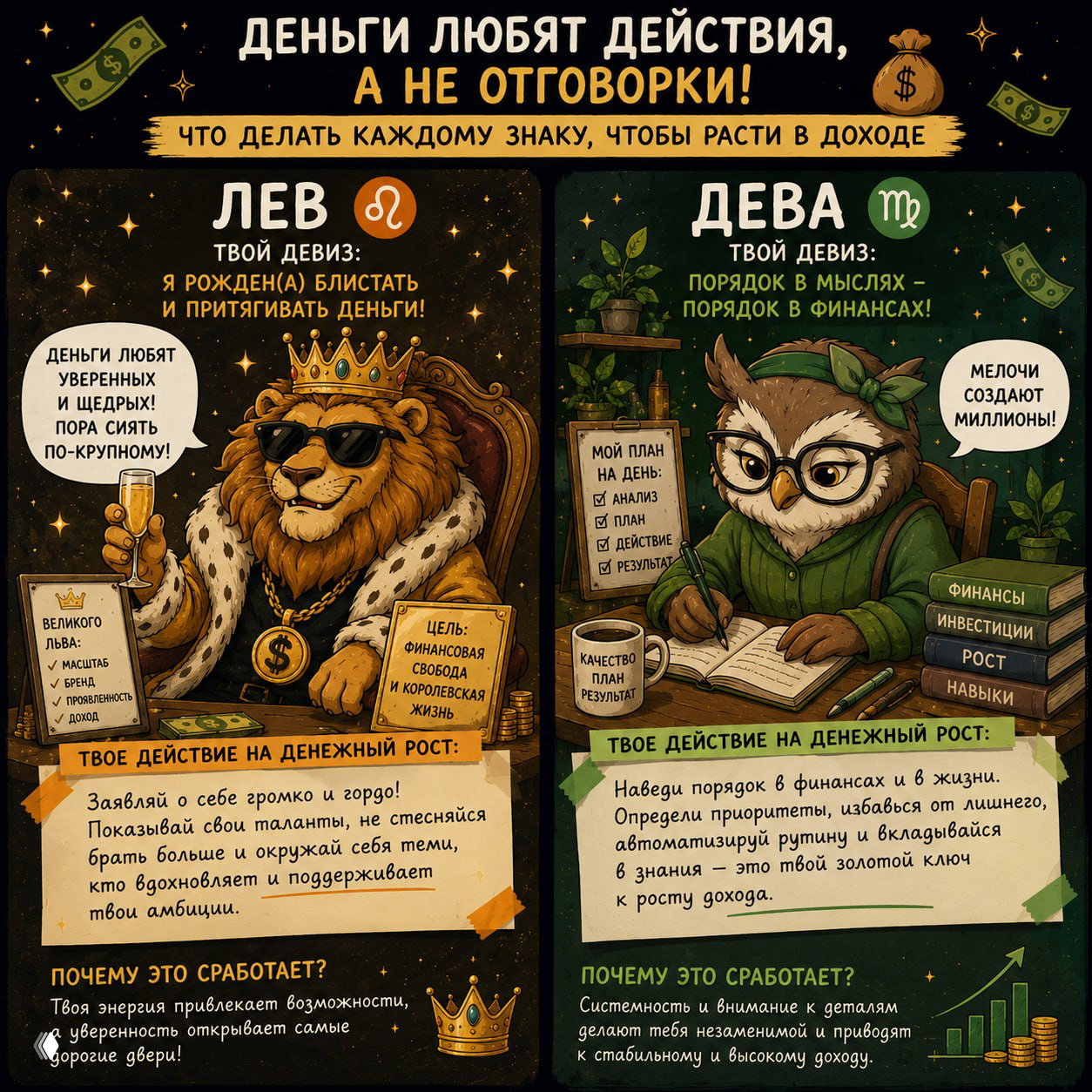 Карточки для Льва и Девы: король-лев и сова с блокнотами, планами и пояснениями про порядок, амбиции и привлечение денег.
