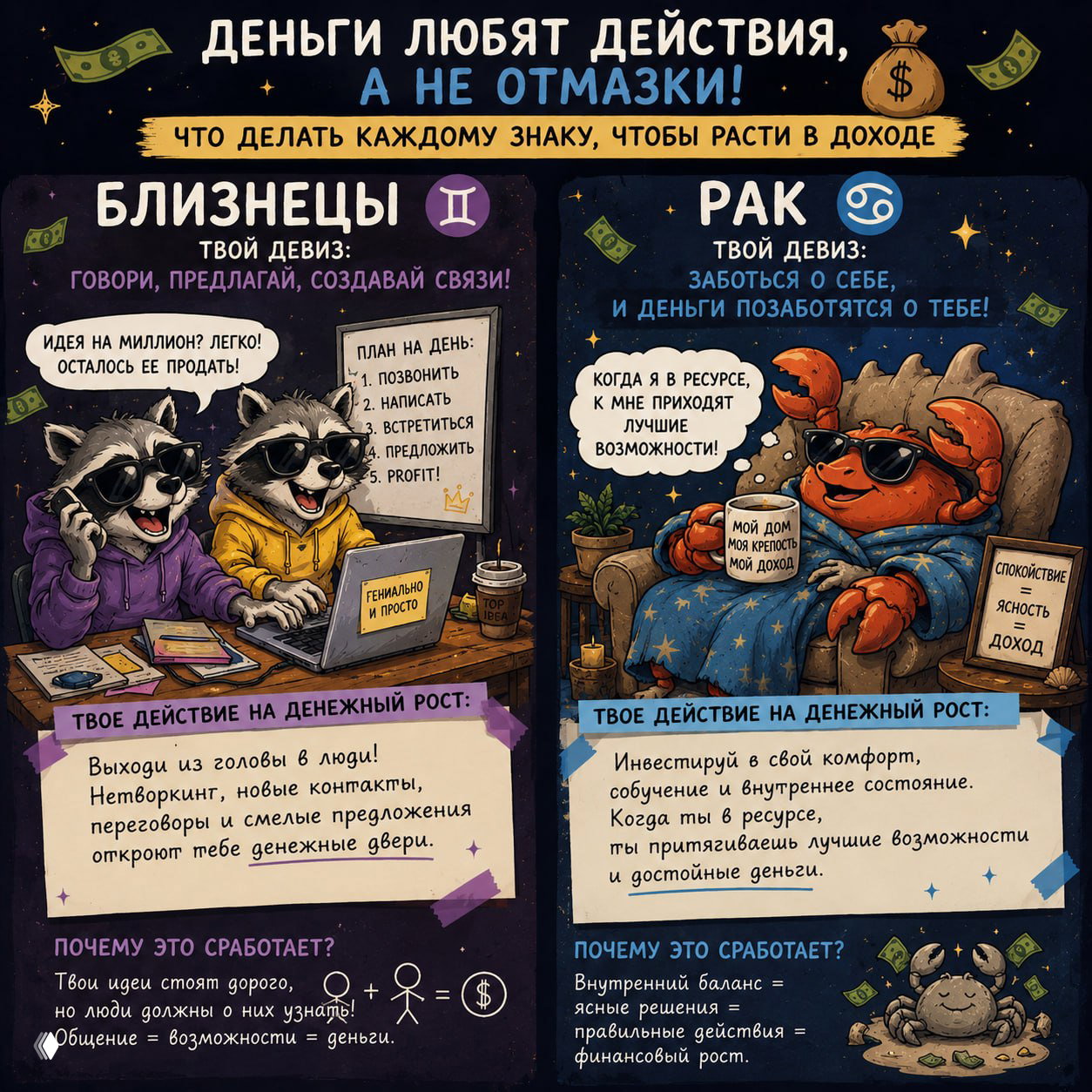 Двойная инфографика: Близнецы и Рак — рисунки животных с заметками и шагами, как перевести идеи в доход и работать с ресурсом.