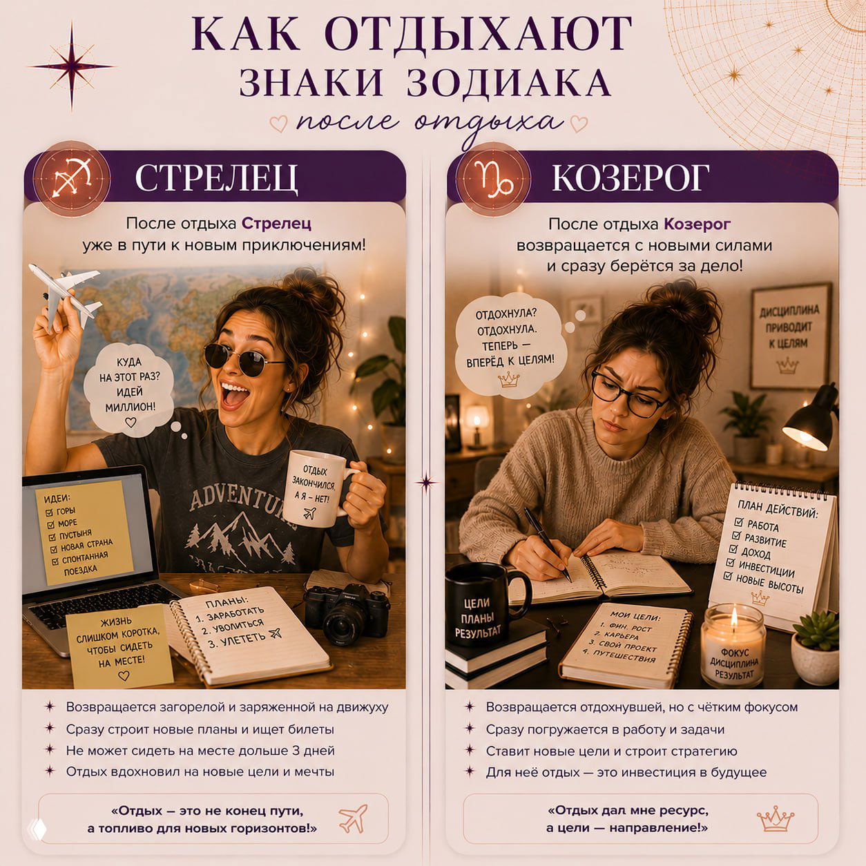 Коллаж: Стрелец и Козерог — Стрелец энергично мечтает о новых поездках и приключениях, Козерог возвращается дисциплинированным и целеустремлённым.