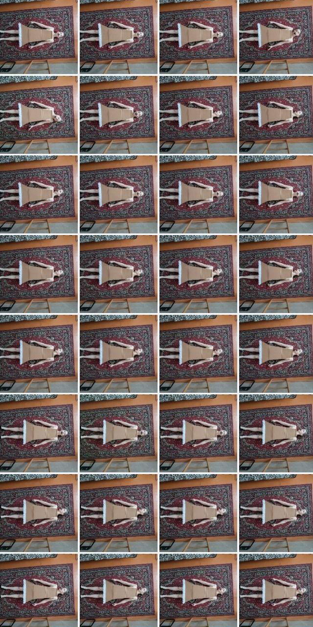 Коллаж из множества миниатюр того же снимка: повторяющиеся кадры женщины на ковре в картонном платье, создающие эффект мозаики и множества воспоминаний.