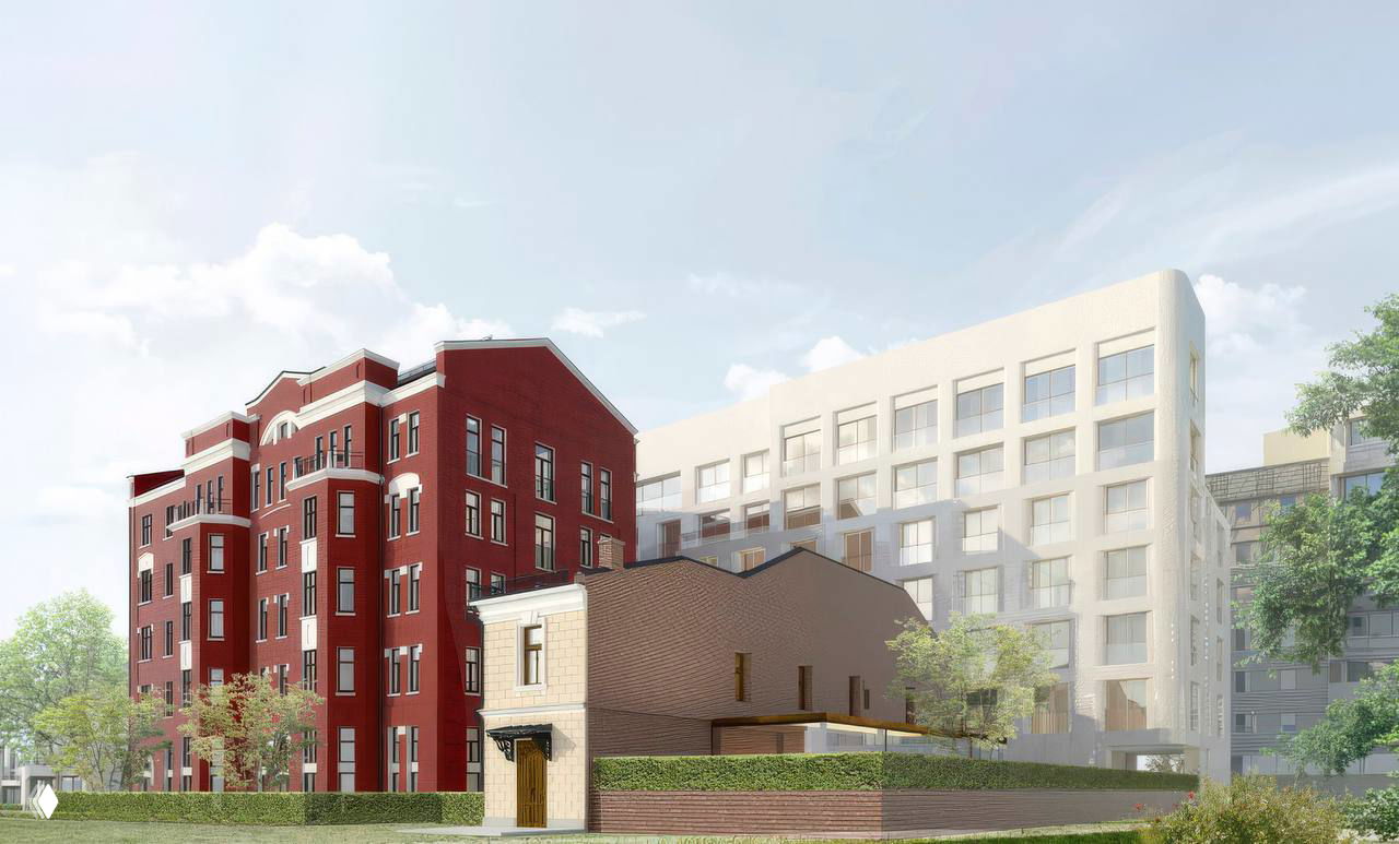 Вид ансамбля комплекса: красное историческое здание рядом с белым современным корпусом, зелёные насаждения и внутренний двор в рендере проекта.