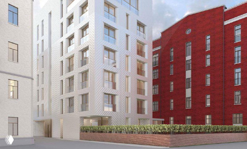 Крупный план белого современного корпуса и красного кирпичного дома — текстура облицовки, крупные окна и входные зоны показаны в визуализации.