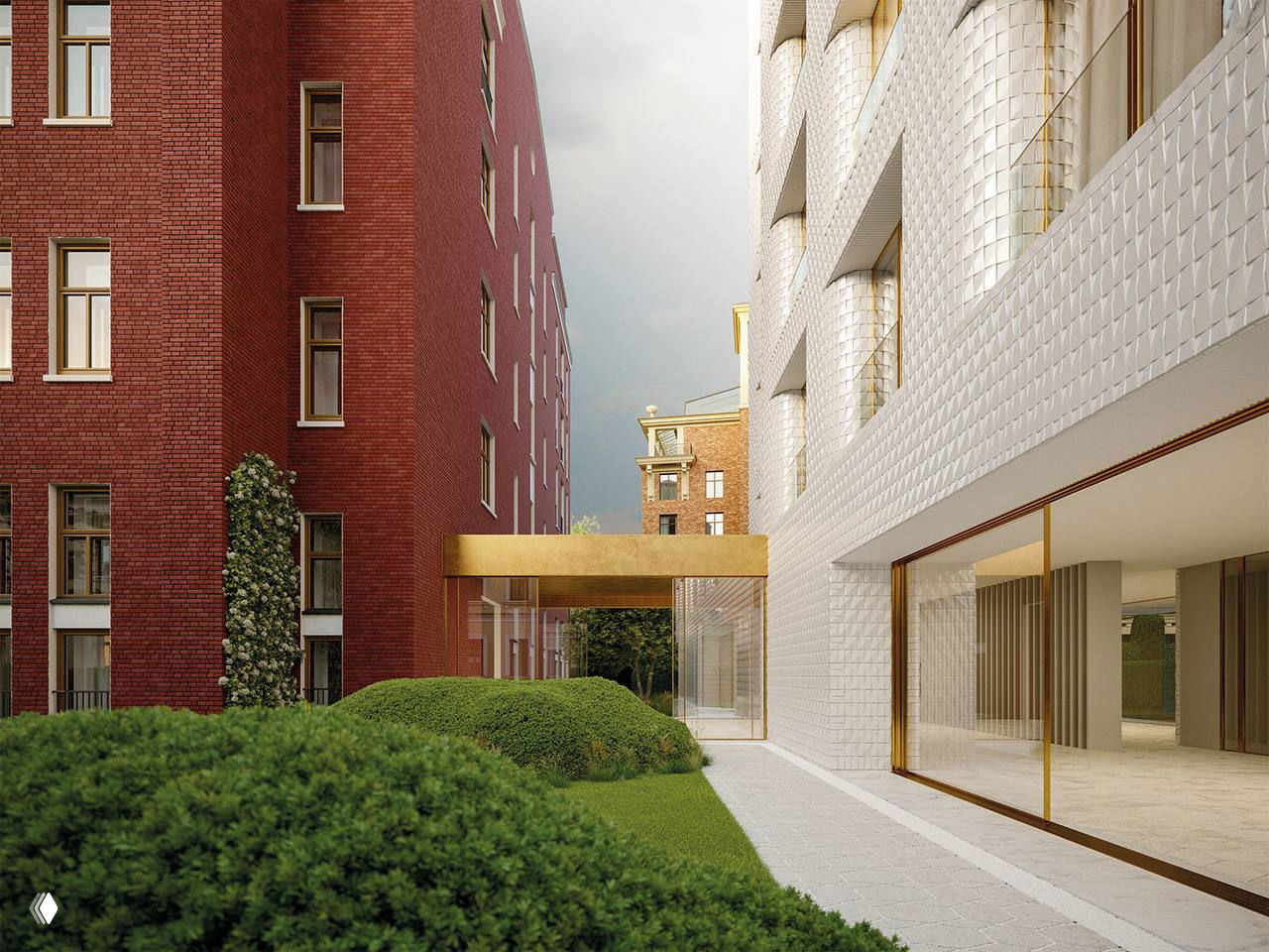 Архитектурный рендер белого корпуса с декоративной фасадной текстурой, окнами и зелёными насаждениями вокруг здания, вид с улицы проекта.