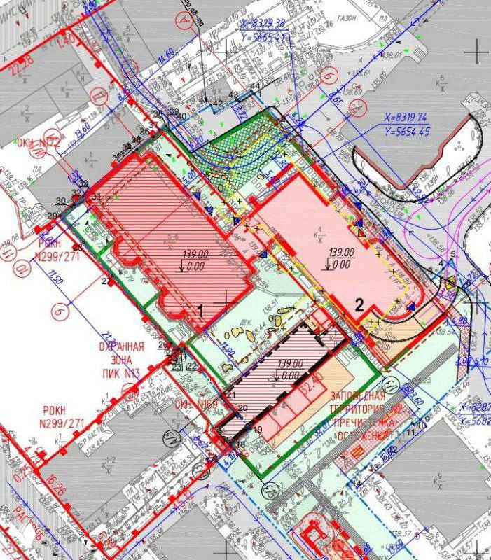 План участка и схема зон размещения корпусов на Малом Левшинском переулке — технический чертёж с обозначениями зданий, инженерных сетей и границ участка проекта.