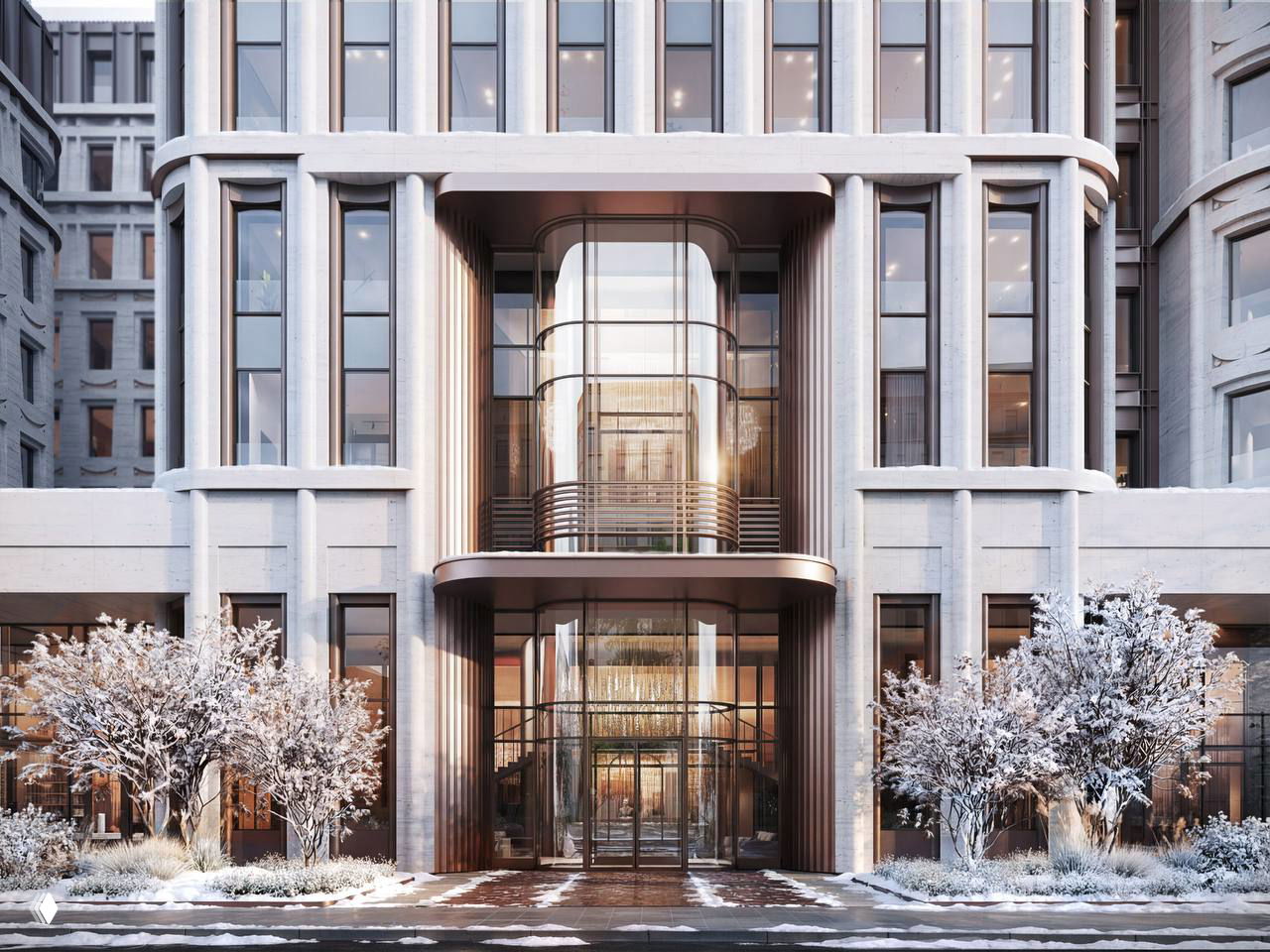 Крупный план входной группы ЖК «Большая Ордынка, 4»: высокий остеклённый вестибюль, металлические детали, зимний ландшафт и элементы подсветки.