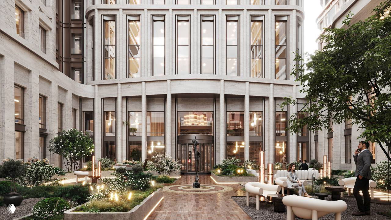 Визуализация внутреннего двора комплекса «Большая Ордынка, 4»: озеленённый патио, малые архитектурные формы, скамьи и тёплое вечернее освещение.