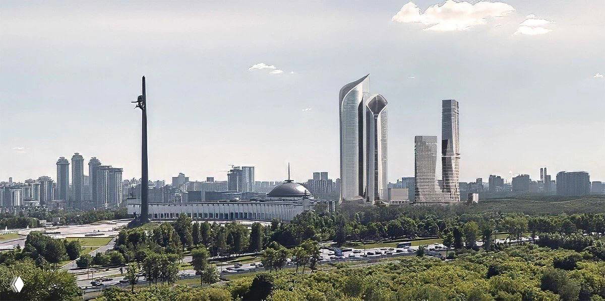 Панорамный вид комплекса в окружении зелёной зоны: высотные стеклянные объёмы над парковой территорией, предполагаемая интеграция с ландшафтом.