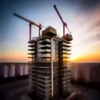 Изображение недостроенного многоэтажного жилого дома с башенными кранами на фоне закатного неба — иллюстрация динамики рынка жилья и строительства.