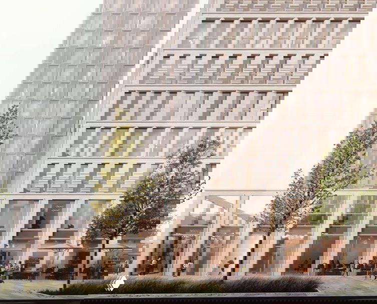 Перспектива подиума с торговыми и общественными функциями: колоннады, витрины и благоустроенная пешеходная зона у основания жилых башен в концепции проекта.