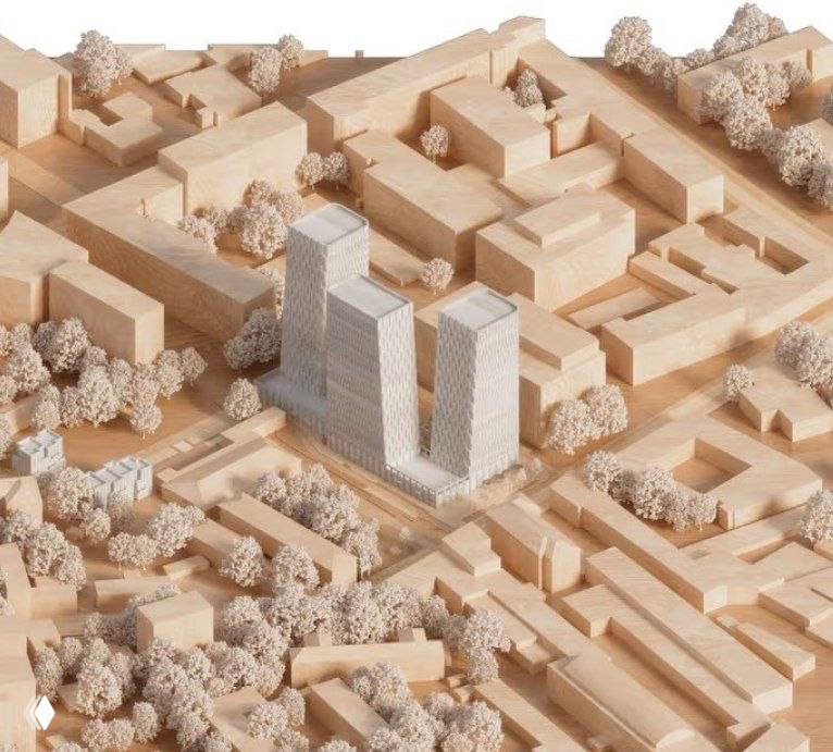 Физический макет квартала площадью около гектара: две доминантные башни на участке бывшего Ремонтно‑механического комбината и окружающая низкоэтажная застройка.