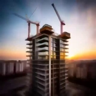 Фотография строящегося многоэтажного дома с башенными кранами на закате, символизирующая рынок новостроек и скидки.