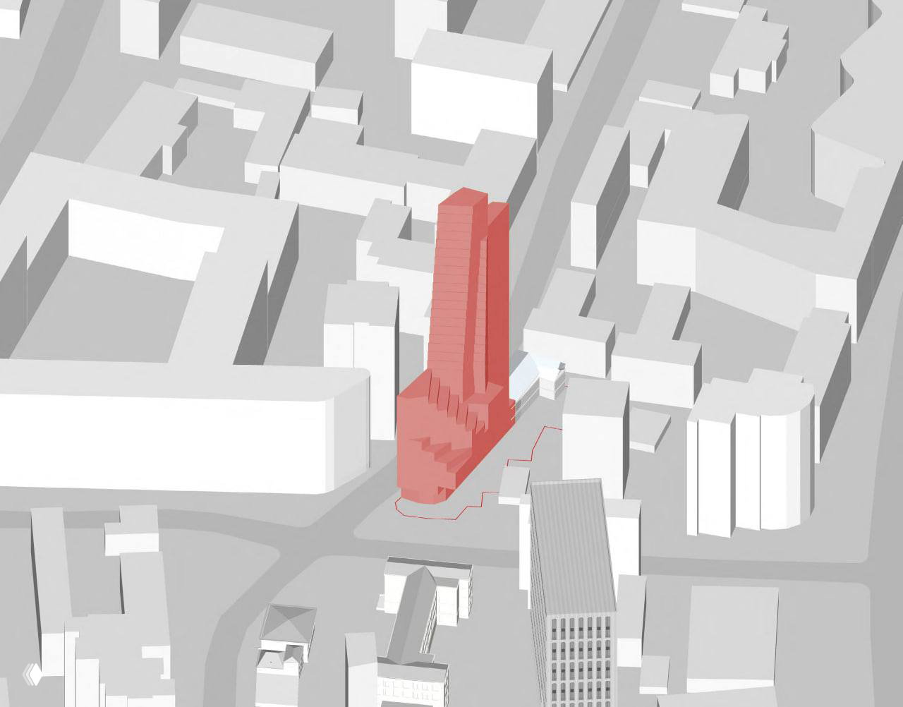 Схематичная модель расчленения квартала с отмеченным участком проекта: объёмная модель показывает соотношение высот и взаимодействие с соседними улицами.