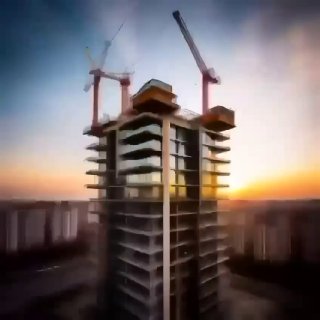 Размытое фото стройки: недостроенный многоэтажный дом с башенными кранами на фоне заката — иллюстрация рынка новостроек и цен.