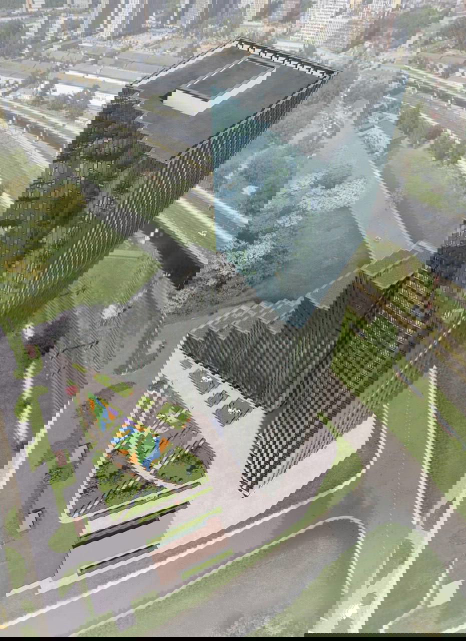 Архитектурный рендер 47‑этажной жилой башни с многосекционным корпусом и благоустроенной территорией, вид сверху на Тюменскую улицу.