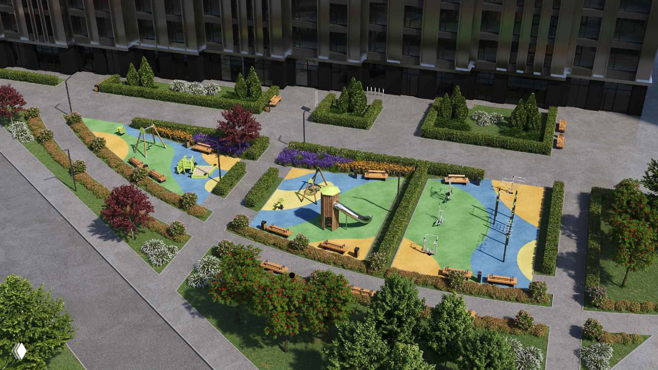 Рендер благоустроенной дворовой территории проекта: детские площадки, зоны отдыха, дорожки и озеленение у основания жилого корпуса.