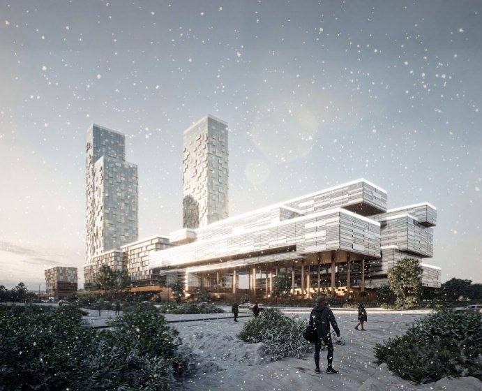 Рендер горизонтального офисного центра и приближённая композиция комплекса в зимней погоде, пешеходы на площади перед зданием.