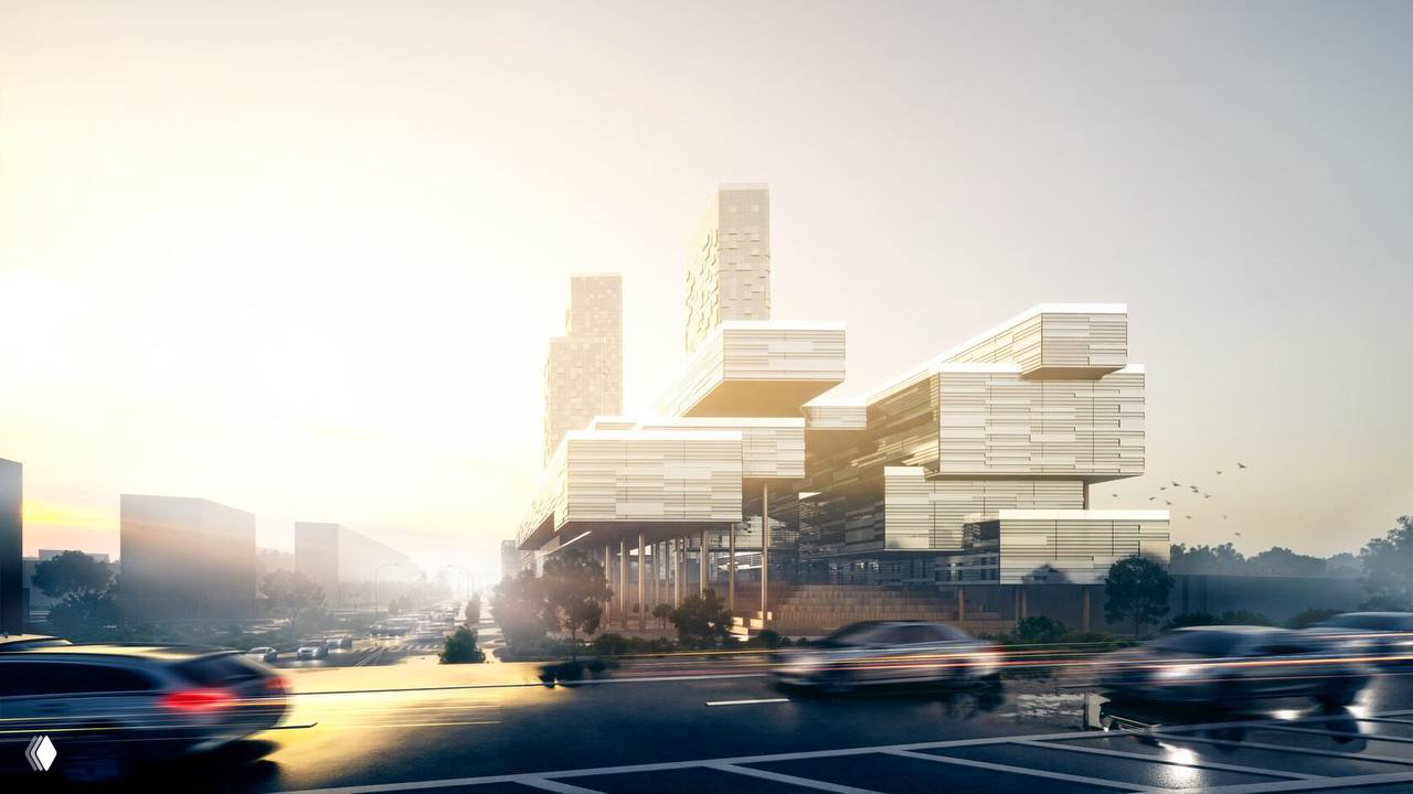 Перспективный рендер комплекса с низкой камерой, показано движение автомобилей на дороге и вытянутые надстройки офисной части.