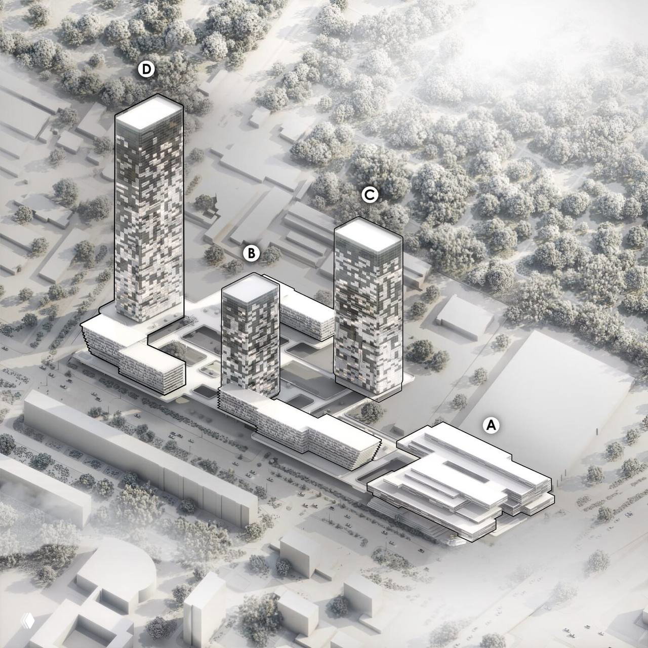 Изометрический план комплекса: три башни и ниспадающие малоэтажные корпуса, показан общий объём застройки и связь элементов.