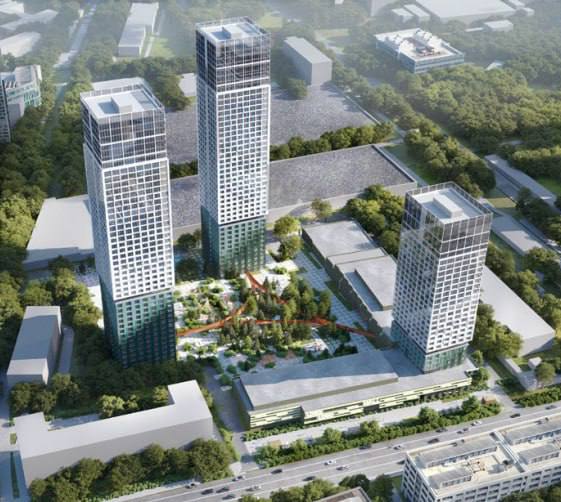 Визуализация проекта: три современные высотные башни на месте шинного завода в окружении зелёных зон и городских улиц