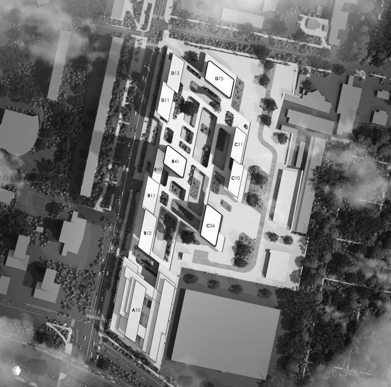 Генплан в чёрно-белой стилизации: расположение башен в шахматном порядке, внутриквартальная планировка и подписи распределения блоков.