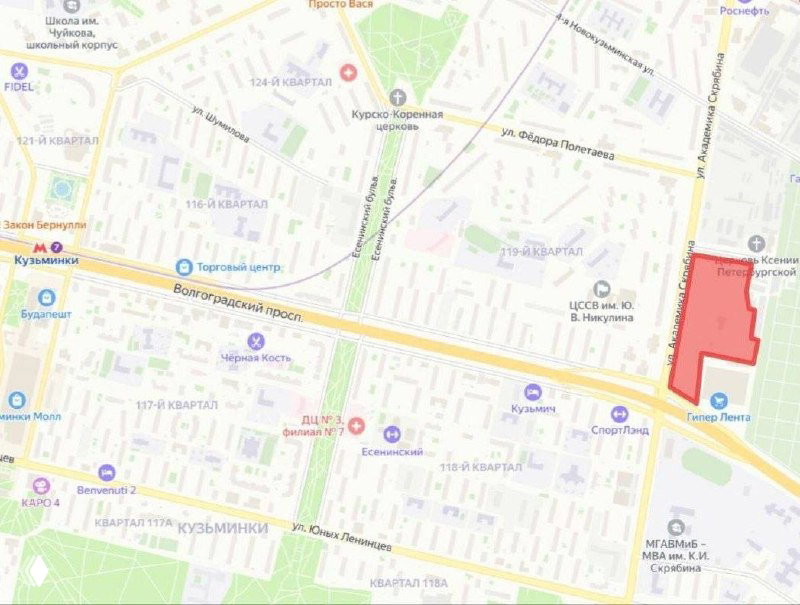 Карта района Кузьминки с выделенным участком под проект на ул. Академика Скрябина и ориентирами вокруг, демонстрация транспортной доступности.