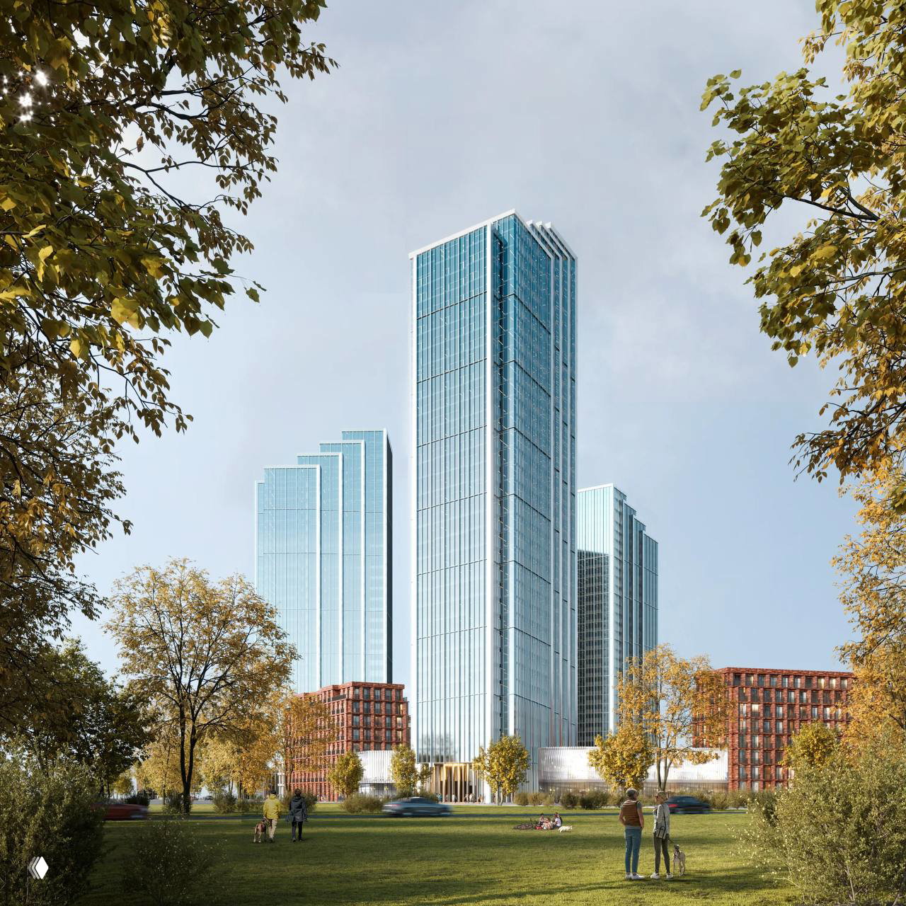 Перспектива комплекса крупным планом: центральная высотная башня, фасады из панорамного остекления, стилобат и кирпичные корпуса по периметру, люди на газоне.