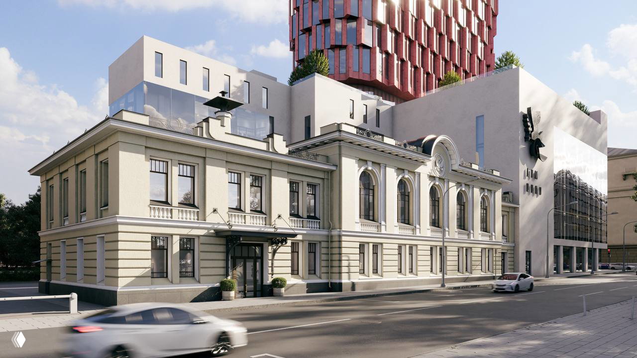 Рендер реставрируемого Алексеевского народного дома на фоне современной нижней части комплекса и терракотовой башни над ним.