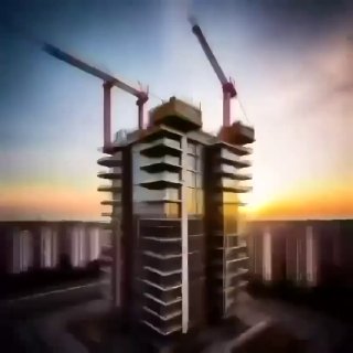 Иллюстрация строительства высотного жилого дома с башенными кранами на фоне закатного неба — символ рынка новостроек.