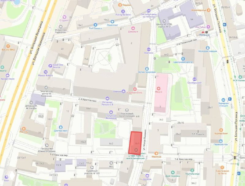 Ситуационная карта района 1‑го Хвостового переулка в центре Москвы с выделенным участком, где расположен дом Ключевского и намечены работы по реконструкции.