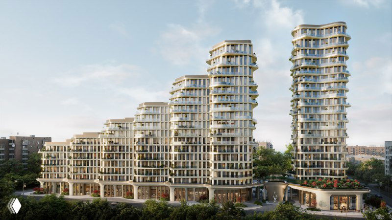 Панорамный вид на несколько корпусов комплекса «Муза», ступенчатая фасадная структура и окружающая городская застройка, общая генплан-концепция.